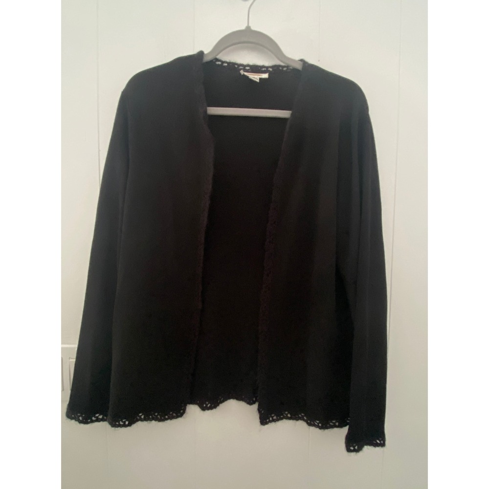 Talbots Petites Sz S Black Open Front Cardigan Crochet Trim Rayon Wool Blend
